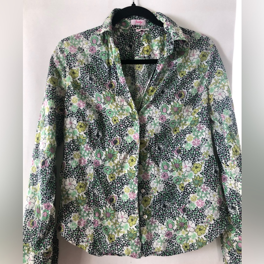 Forty’s women’s long sleeve floral button down. Cotton, M, purple and green